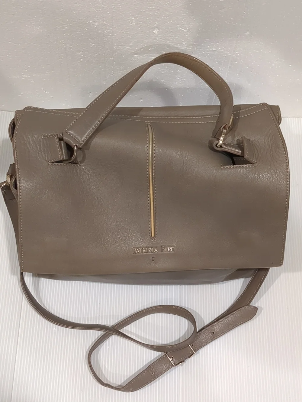 Patrizia Pepe Taupe Leather Minimalist Satchel Crossbody